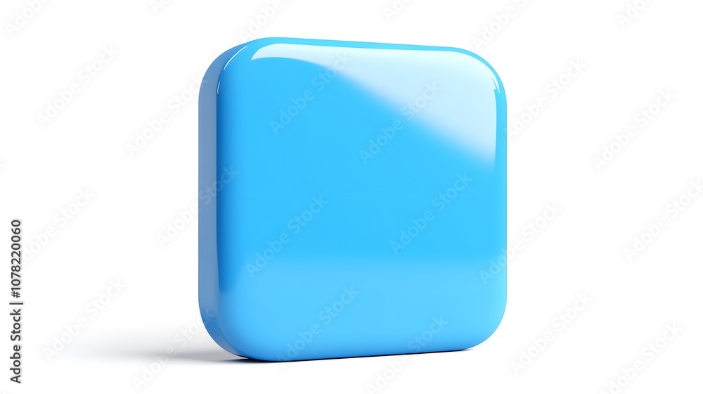 Poster blank mobile application icon, button - blue square with round corners. 3d rendering, white backgrou