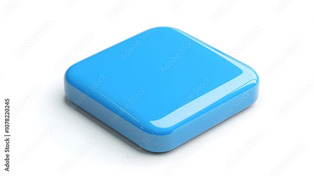 Poster blank mobile application icon, button - blue square with round corners. 3d rendering, white backgrou