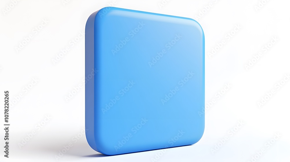 Poster blank mobile application icon, button - blue square with round corners. 3d rendering, white backgrou