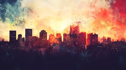 Watercolor Artistic using soft, brushy watercolor strokes, Single object picture - a celebratory fireworks display bursting into the night sky over a cityscape