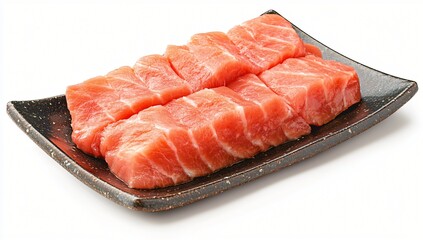Fresh Raw Tuna Sashimi on Black Plate Isolated on White Background