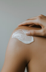 Fototapeta premium Close-Up of Translucent Body Cream Application on Shoulder – Smooth, Glowing Skin with Minimalist Light Grey Background