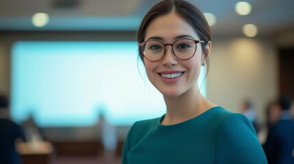 Fototapeta premium Confident female politician with glasses at a conference event