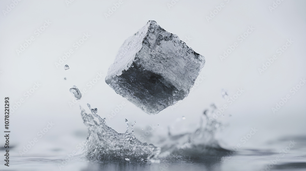 Poster full depth of field on a falling ice cube, isolated on a white background
