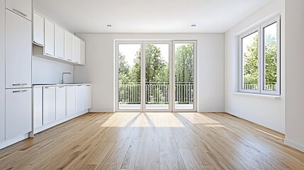 Obraz premium Bright and spacious modern apartment features large windows and scenic views