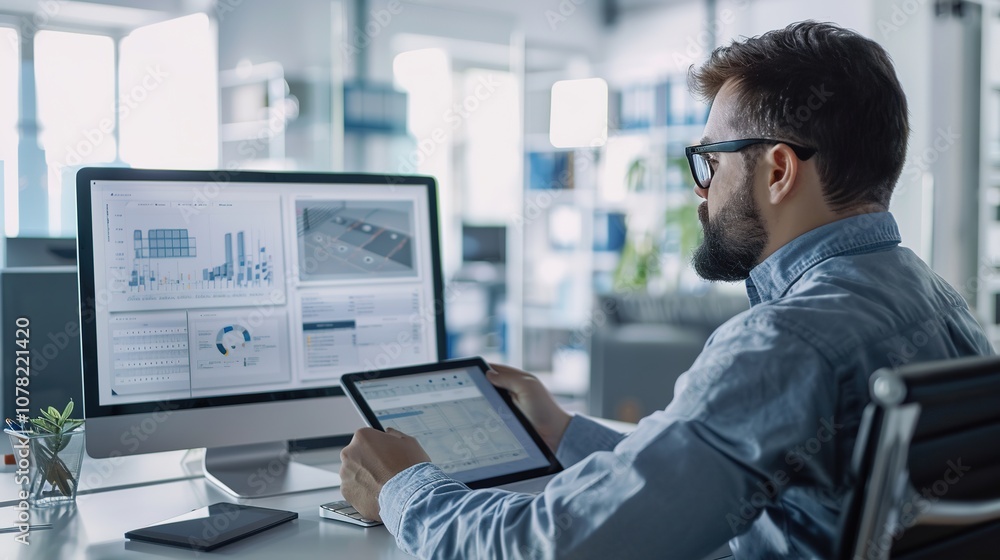 Poster man working on multiple screens in modern office