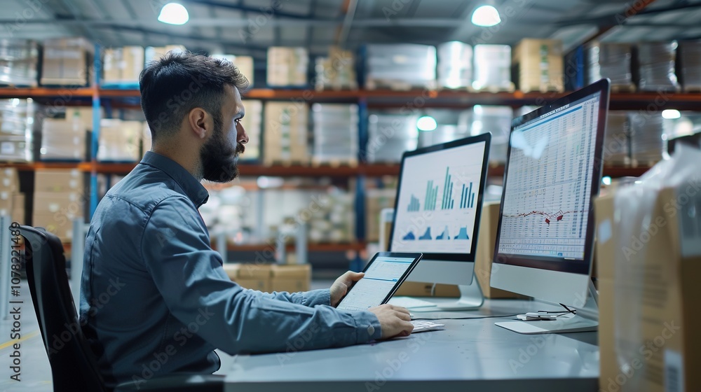 Poster man analyzing data on computer in warehouse