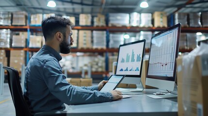 Man analyzing data on computer in warehouse