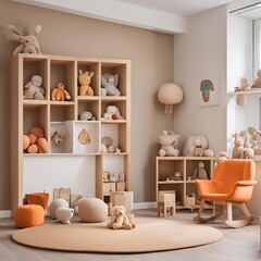 Minimalist Children’s Room with Wooden Bookcase, Orange Armchair, and Plush Toys in Cozy, Natural Light

