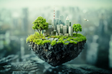 A city is built on a rock with trees and buildings