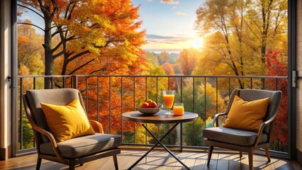 Fototapeta premium Cozy Balcony View from a Stylish Apartment Overlooking an Autumn Park with Coffee Table, Chair, and Fresh Orange Juice in a Serene Atmosphere