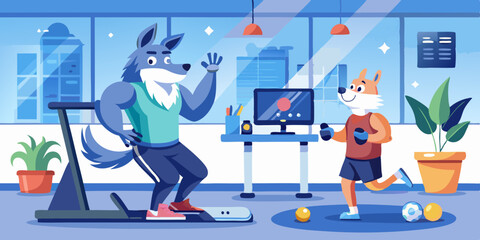 Wolf and rabbit working out together in a sleek office gym. Remote workout session in modern office environment, virtual fitness training, office gym setting.
