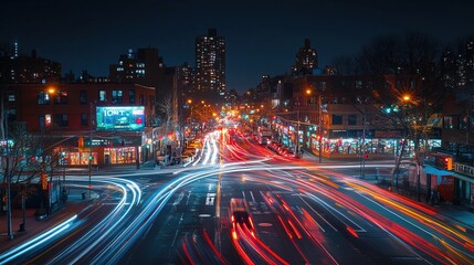 Obraz premium Night view of a bustling urban intersection with bright lights and car trails