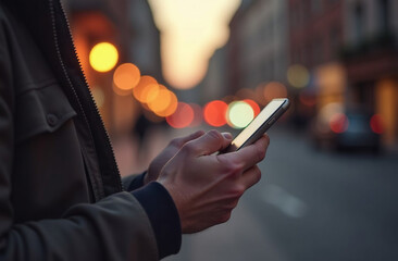 Close up of a man using mobile smart phone on the street at night
