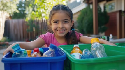 A young girl happily sorts recyclables into colorful bins, embracing eco-friendly habits