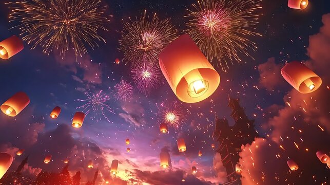 Magical anime sky with floating lanterns and colorful fireworks