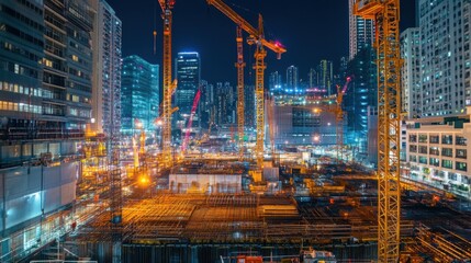 Fototapeta premium Nighttime construction site illuminated by cranes and lights.