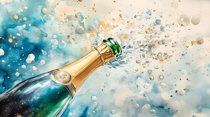 Watercolor Artistic using soft, brushy watercolor strokes, Single object picture - a champagne bottle popping open with festive bubbles