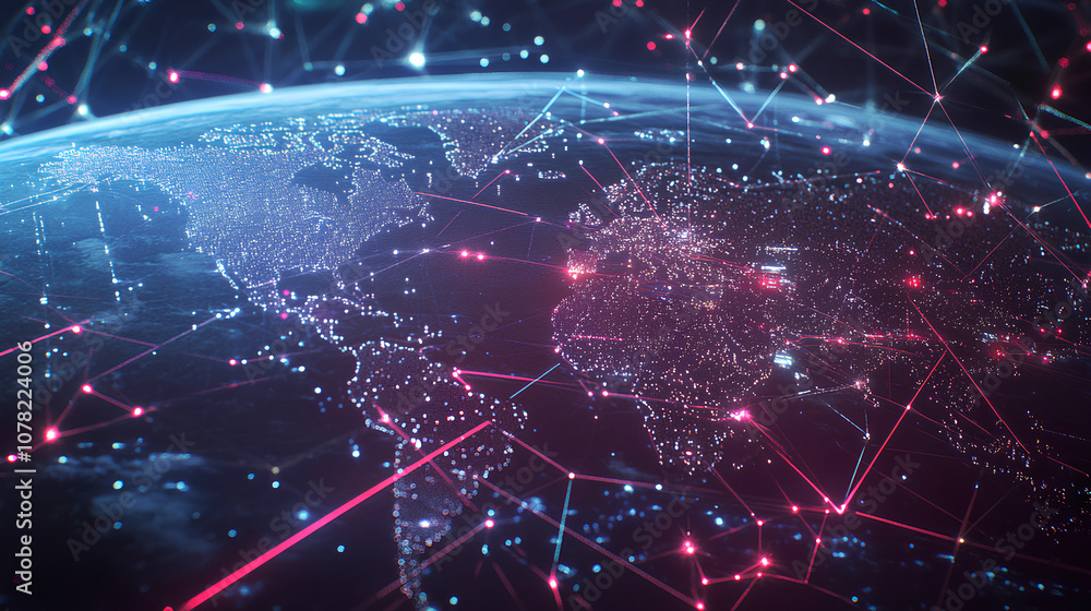 Poster global communication network concept with interconnected business nodes and human resources collabor