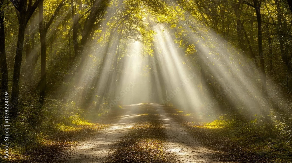 Poster serene forest pathway illuminated by sunlight with soft rays glimmering through lush green foliage c