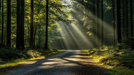 Obraz premium Serene Sunlight Streaming Through a Dense Forest Canopy, Illuminating a Peaceful Dirt Path Surrounded by Lush Greenery, Invoking a Sense of Tranquility and Nature's Beauty