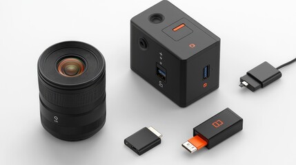 High-Quality Camera Equipment Arrangement Featuring Lens, Smart Device, USB Drive, and Charging Cable on a Clean White Background