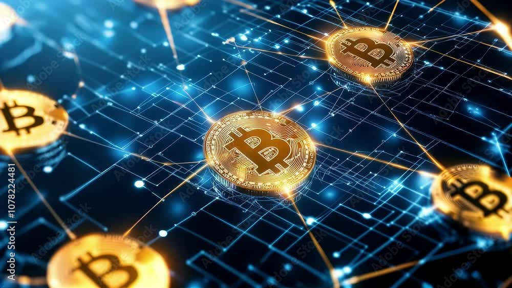 Poster digital currency network with bitcoin symbols glowing amidst a futuristic tech background showcasing