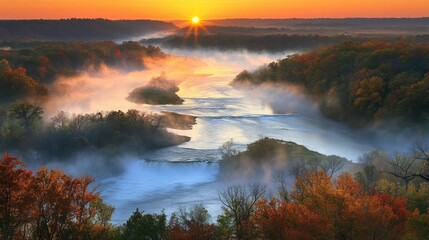 Breathtaking Sunrise Over A Misty River Landscape Filled With Autumn Colors And Enveloped In Fog Under A Golden Sky At Dawn