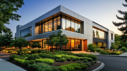Fototapeta premium Modern building surrounded by landscaped greenery at sunset.