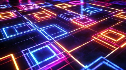 Geometric shapes arranged in a glowing grid pattern with neon outlines
