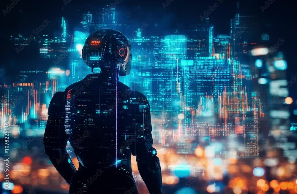 Poster futuristic robot in urban environment surrounded by digital data and neon lights at night, symbolizi