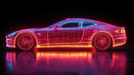 a automobile car with neon style 3d rendering