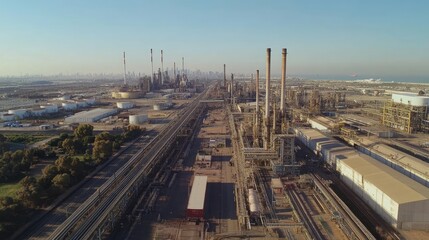 Aerial View of an Expansive Oil Refinery Complex in an Urban Setting with Industrial Infrastructure, Pipelines, and Towering Stacks under a Clear Blue Sky