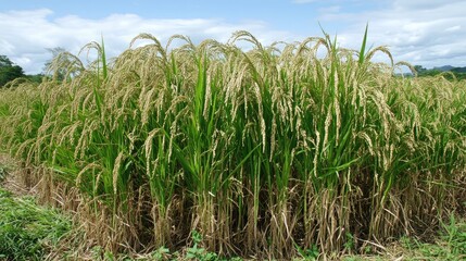 Obraz premium Lush Green Rice Field Under Clear Blue Sky with Ripening Grain Heads, Capturing the Essence of Agricultural Abundance and Rural Serenity in Nature