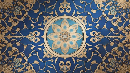 Intricate Gold and Blue Floral Design on a Tile