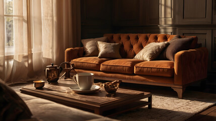 living room interior with fireplace, modern living room, cup of coffee on table, relaxing, , ai generated