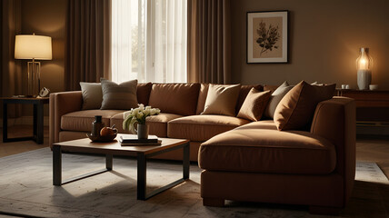 living room interior with fireplace, modern living room, cup of coffee on table, relaxing, , ai generated