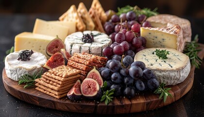 A wooden platter with various cheeses, grapes, figs, and crackers