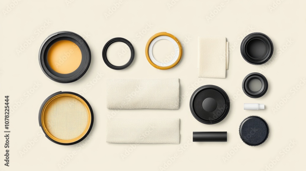 Poster aesthetic arrangement of various circular components and textured fabrics on a soft beige background