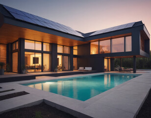 Fototapeta premium Casa moderna con piscina e pannelli solari.