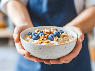 Hands present a bowl of fresh blueberry and walnut oatmeal
