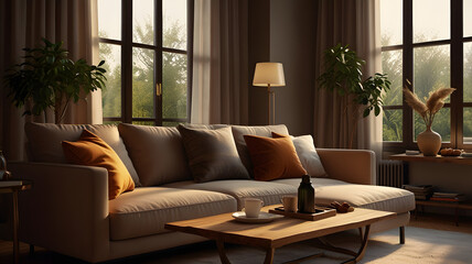 living room interior with fireplace, modern living room, cup of coffee on table, relaxing, , ai generated