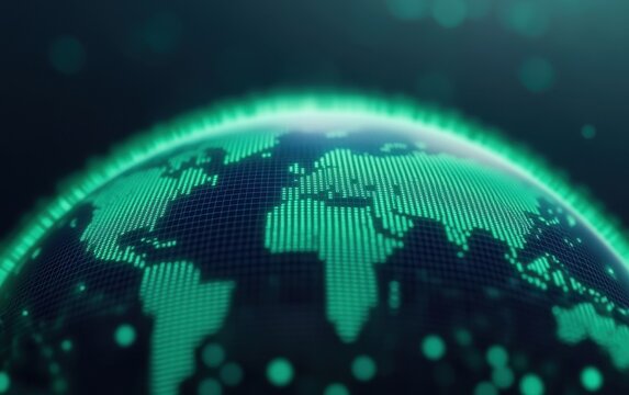 A digitally rendered globe showcasing a green and blue theme that represents the interconnectedness of our world and modern technology's impact on global communication.