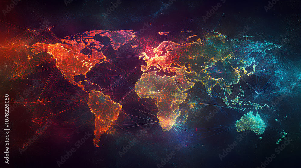 Poster global communication network concept with interconnected business nodes and human resources collabor
