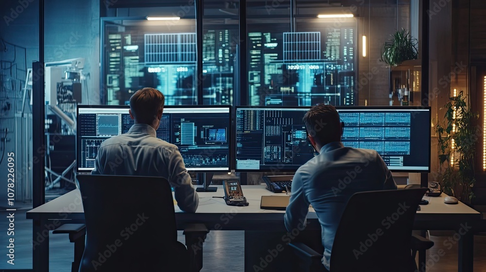 Poster two men working at computers in a dark office with data displays in the background