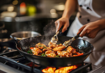 hand chef cooking  chicken in the pan