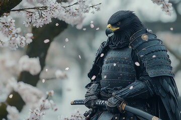Naklejka premium A majestic eagle wearing traditional samurai armor stands amongst falling cherry blossoms, a katana sword at its side, a symbol of strength and beauty.