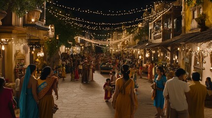 A bustling street scene at night, filled with people walking and shopping. The street is lined with shops and buildings, and there are string lights strung overhead.