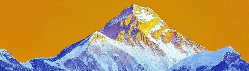 Majestic Snow-Capped Mountain Peak Against a Vibrant Orange Background Highlighting the Rugged Terrain and Clear Sky at Sunrise in a Stunning Landscape Scene