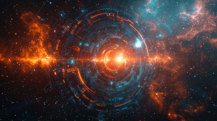 Obraz premium vibrant cosmic scene featuring glowing circular interface surrounded by stars and nebulae, evoking sense of wonder and exploration